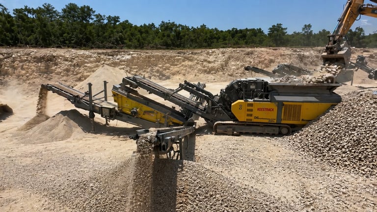 Heavy construction equipment including a yellow and black mobile crusher and excavator processing gravel at a quarry site with trees in background