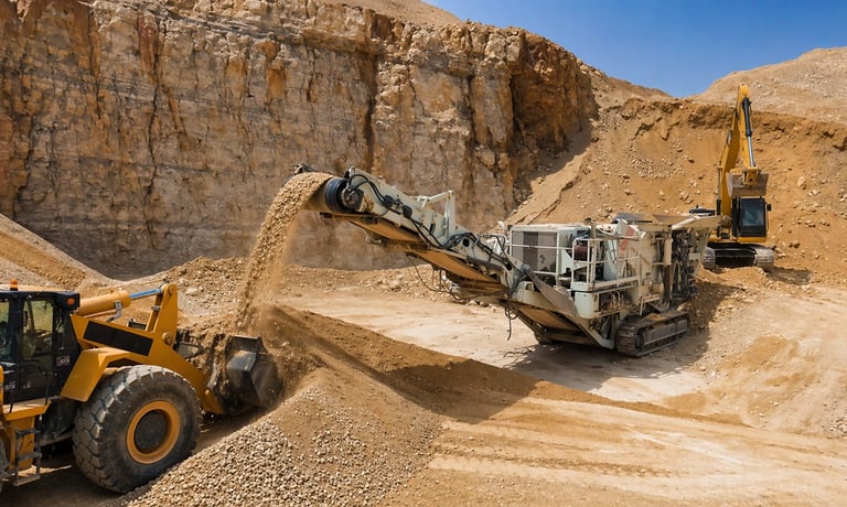 Heavy mining equipment including excavators and a wheel loader operating at a stone quarry with rocky cliffs and sandy terrain
