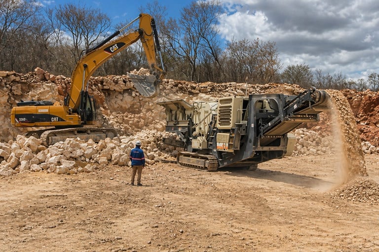 Yellow excavator and crushing machine processing rocks at a quarry site with a worker standing nearby