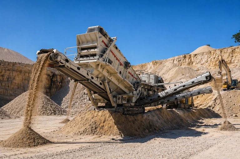 Industrial aggregate screening equipment processing sand and gravel at a mining site against desert mountains
